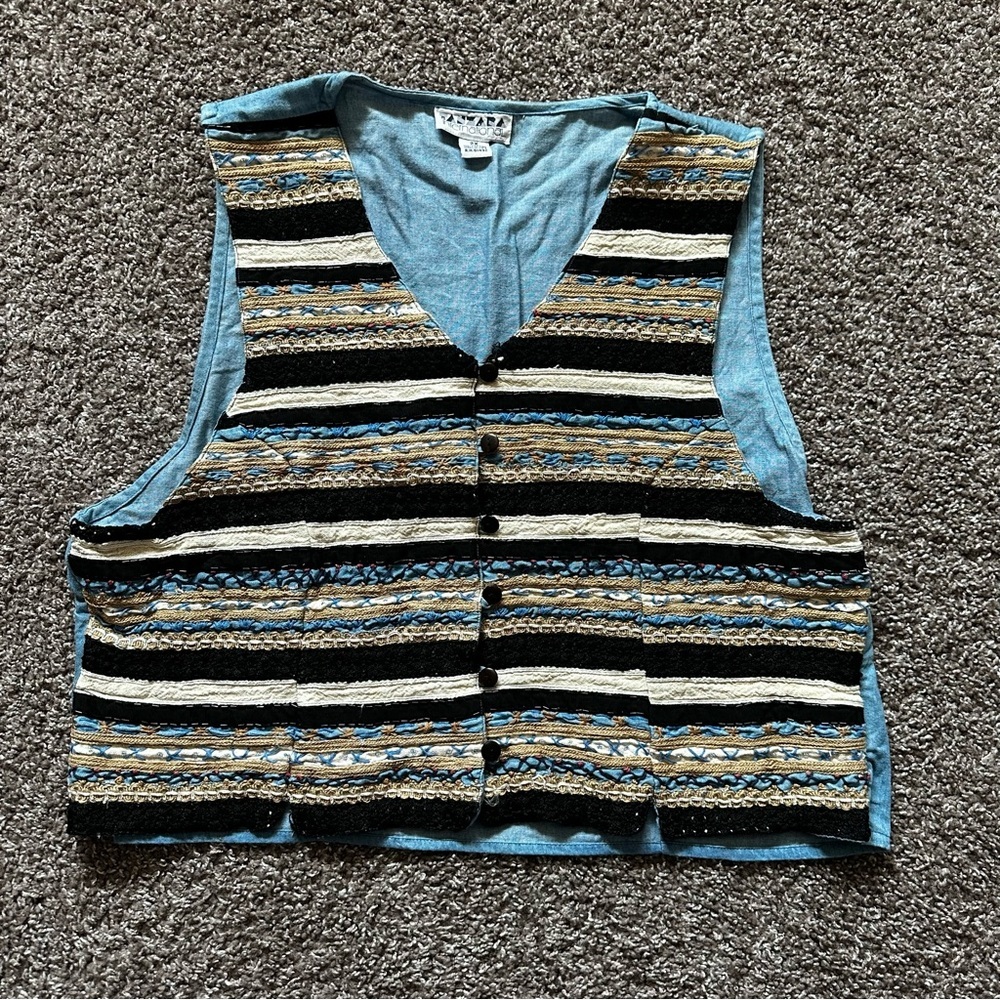 Vintage 90s Tanzara International Embroidered Woven Striped Vest Size 2X